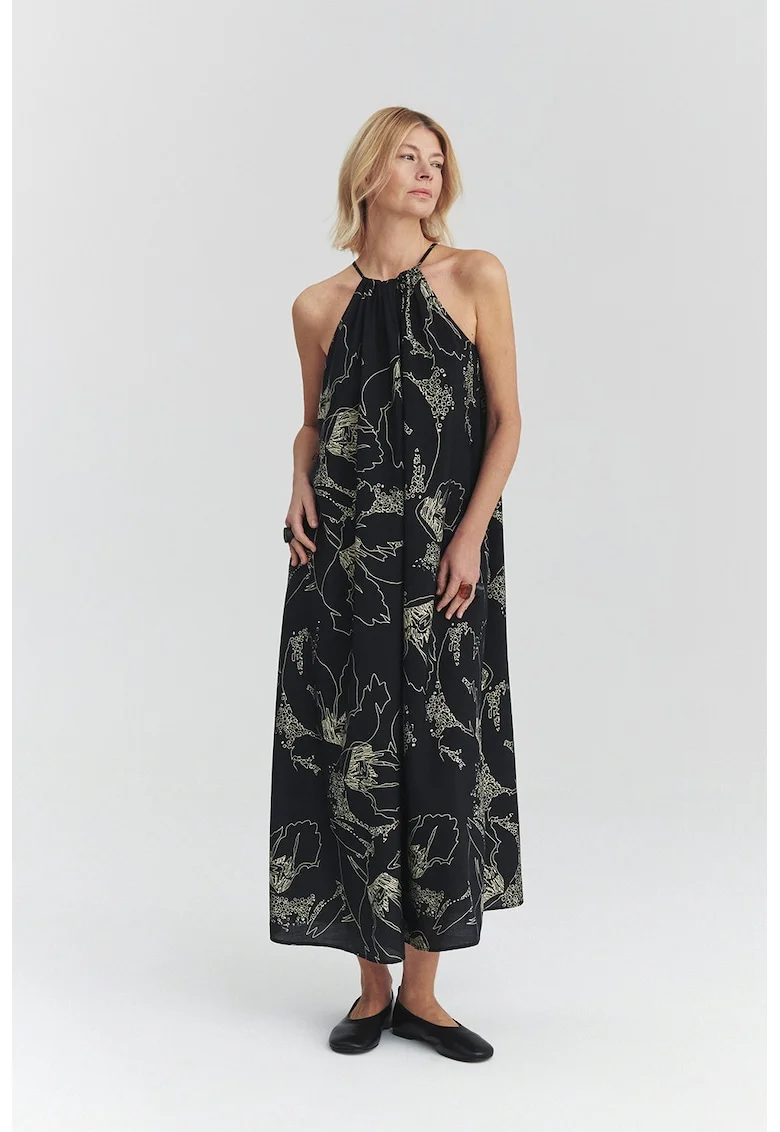 Rochie maxi lejera cu model brodat, Negru/Bej deschis