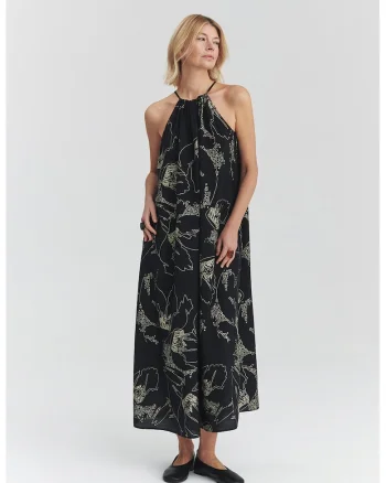 Rochie maxi lejera cu model brodat, Negru/Bej deschis
