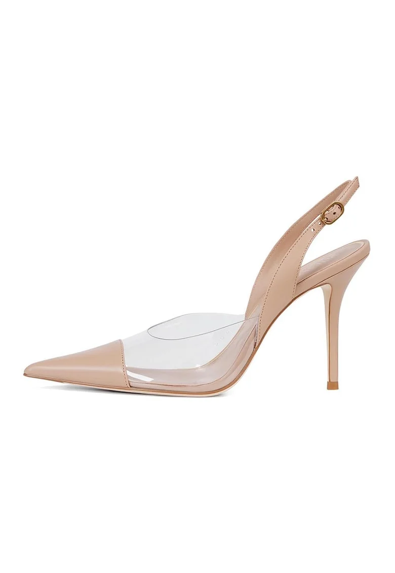 Pantofi din piele cu varf ascutit si toc stiletto, Bej inchis/Transparent