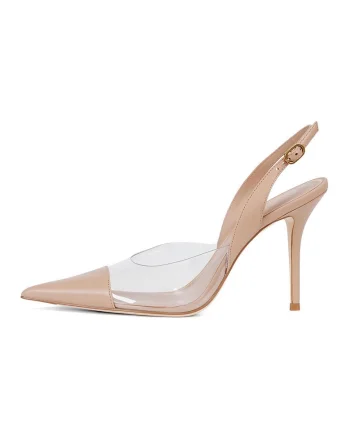Pantofi din piele cu varf ascutit si toc stiletto, Bej inchis/Transparent