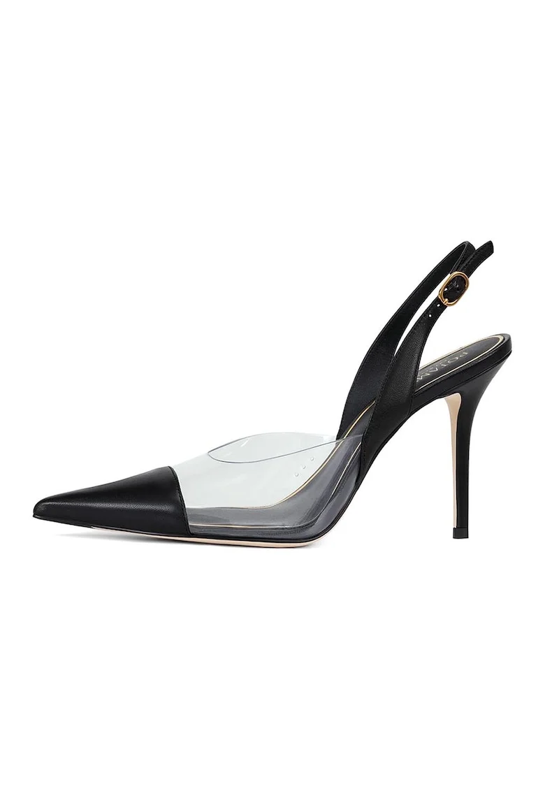 Pantofi din piele cu varf ascutit si toc stiletto, Negru/Transparent