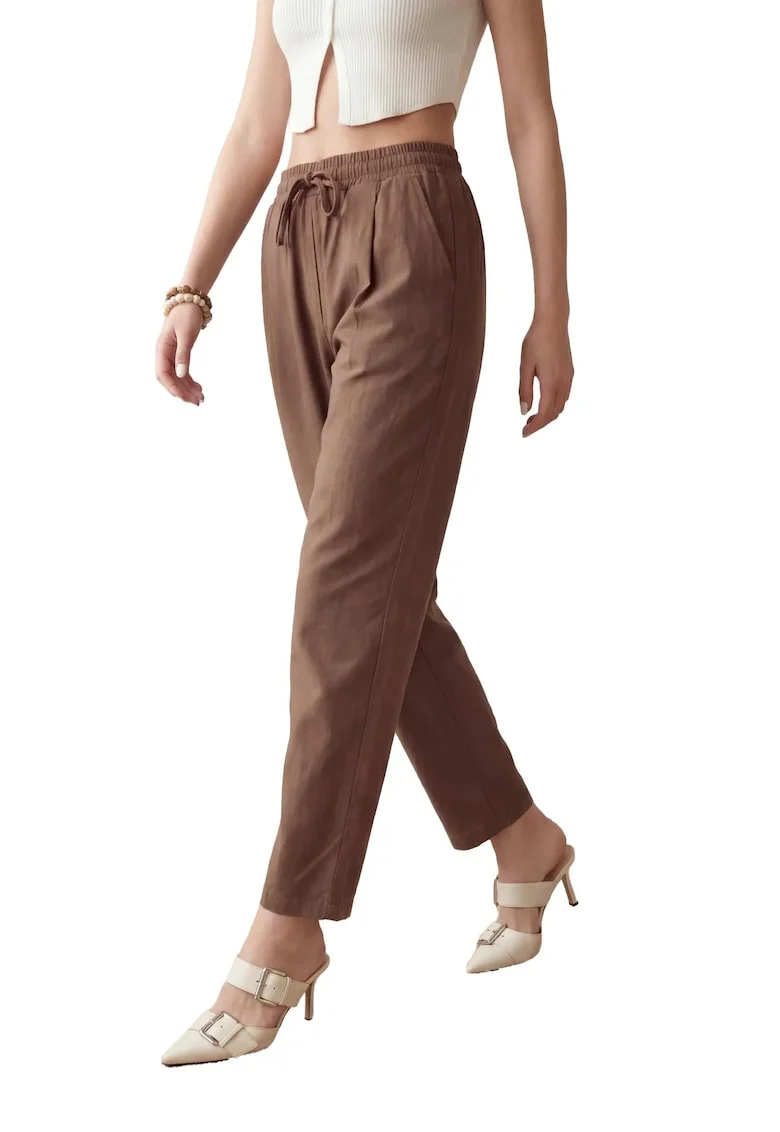 Pantaloni dama,  casual, cu snur in talie, maro camel, 100% bumbac