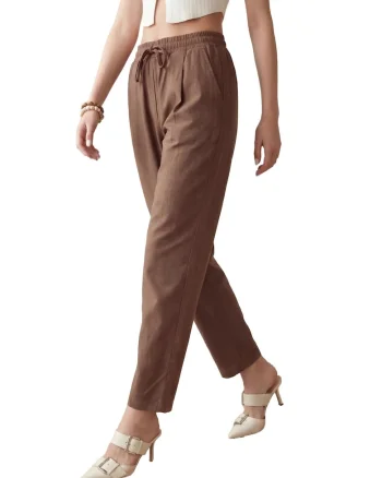 Pantaloni dama,  casual, cu snur in talie, maro camel, 100% bumbac