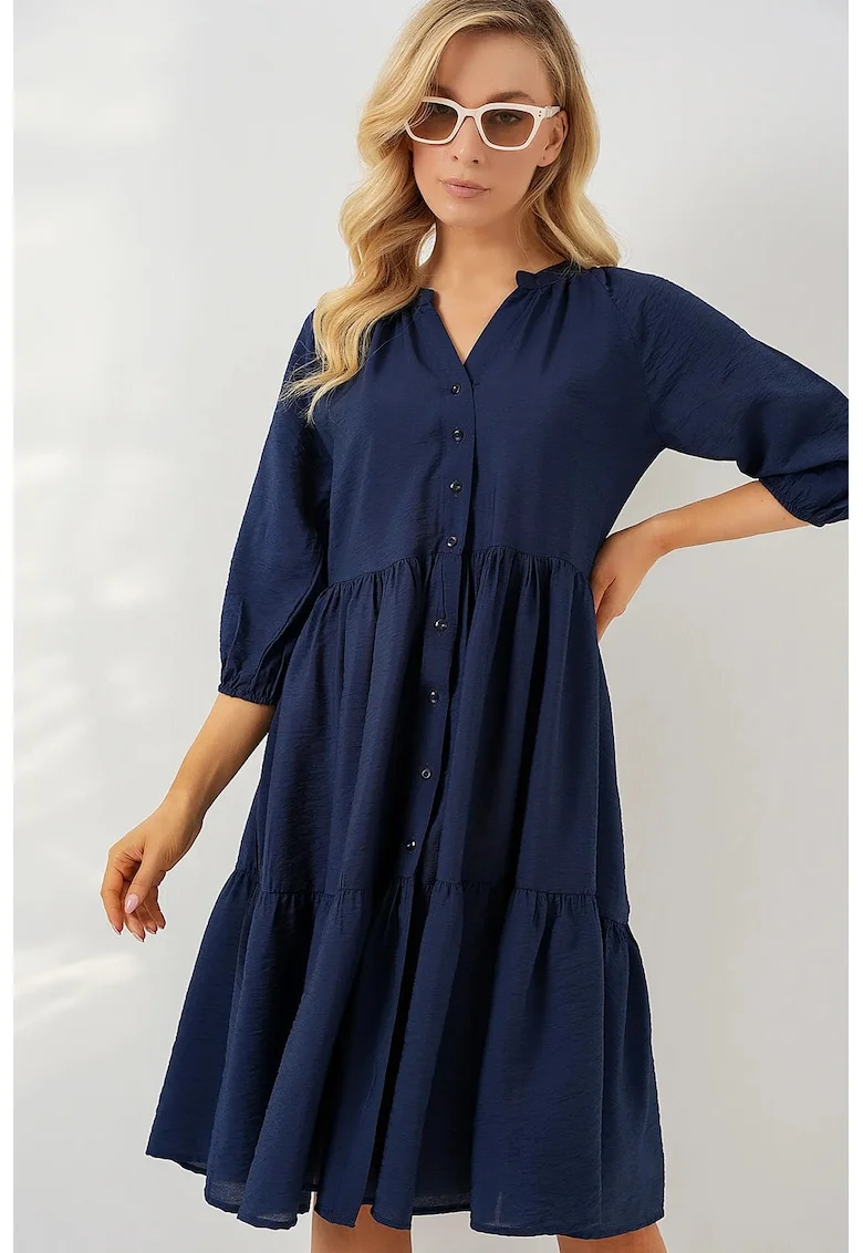 Rochie midi dama HiCCUP, maneci trei sferturi, viscoza/nylon, bleumarin
