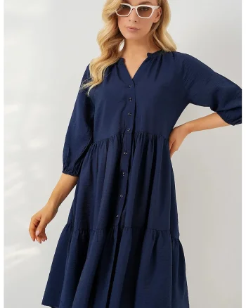 Rochie midi dama HiCCUP, maneci trei sferturi, viscoza/nylon, bleumarin