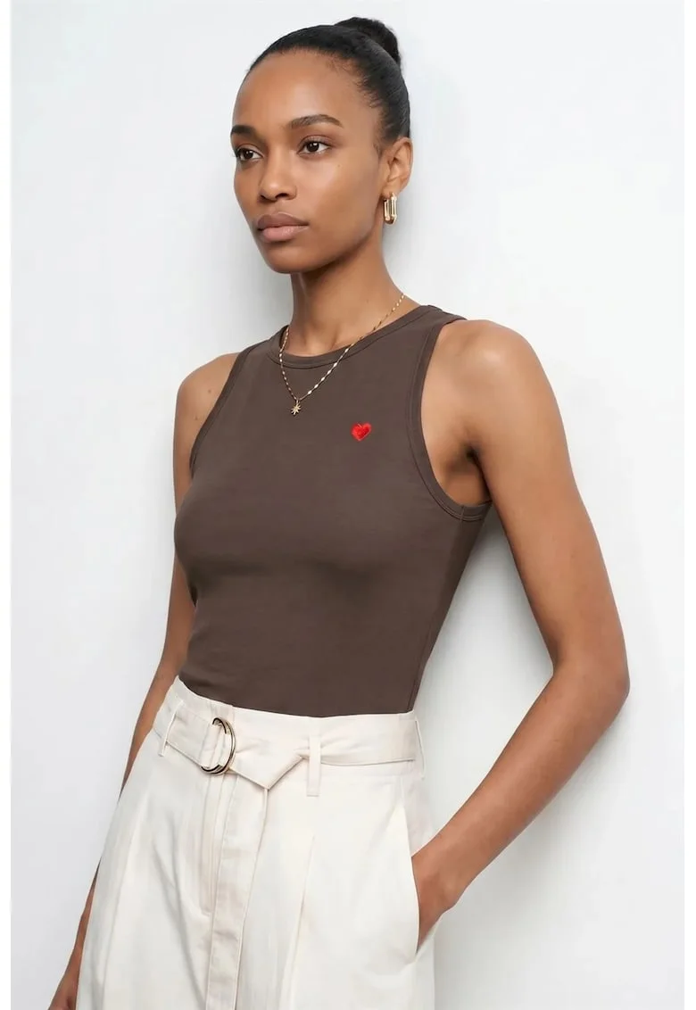Bluza dama,  bluza brodata, slim-fit, maro cafea, bumbac elastan
