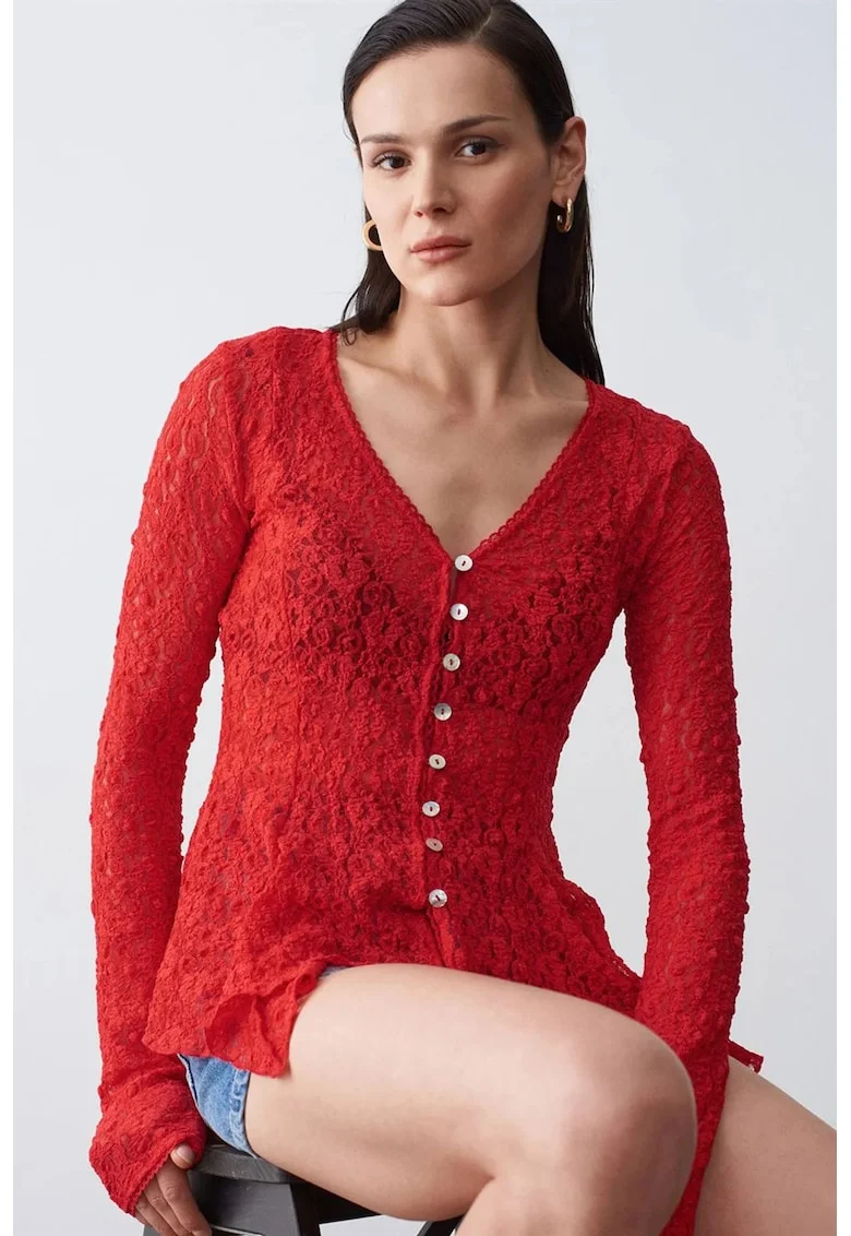 Cardigan Femei,  decolteu in V, dantela, rosu, poliester cu elastan