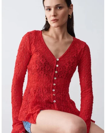 Cardigan Femei,  decolteu in V, dantela, rosu, poliester cu elastan