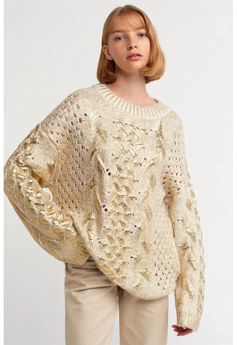 Pulover dama,  oversized, crem natural, tricotaj torsade, maneci lungi, fara inchidere,