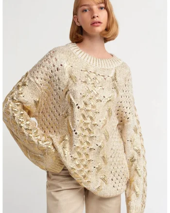 Pulover dama,  oversized, crem natural, tricotaj torsade, maneci lungi, fara inchidere,