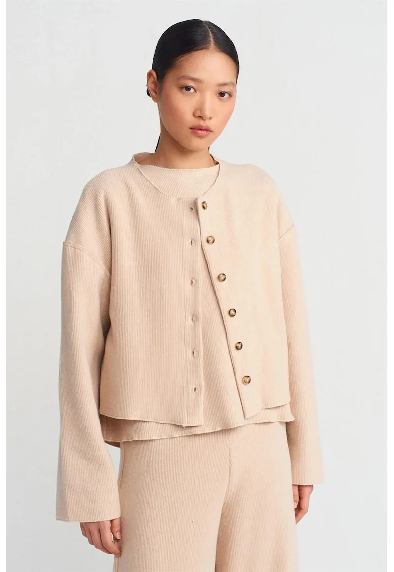 Cardigan dama,  guler rotund, nasturi, bej natural, tricotaj poliester-bumbac