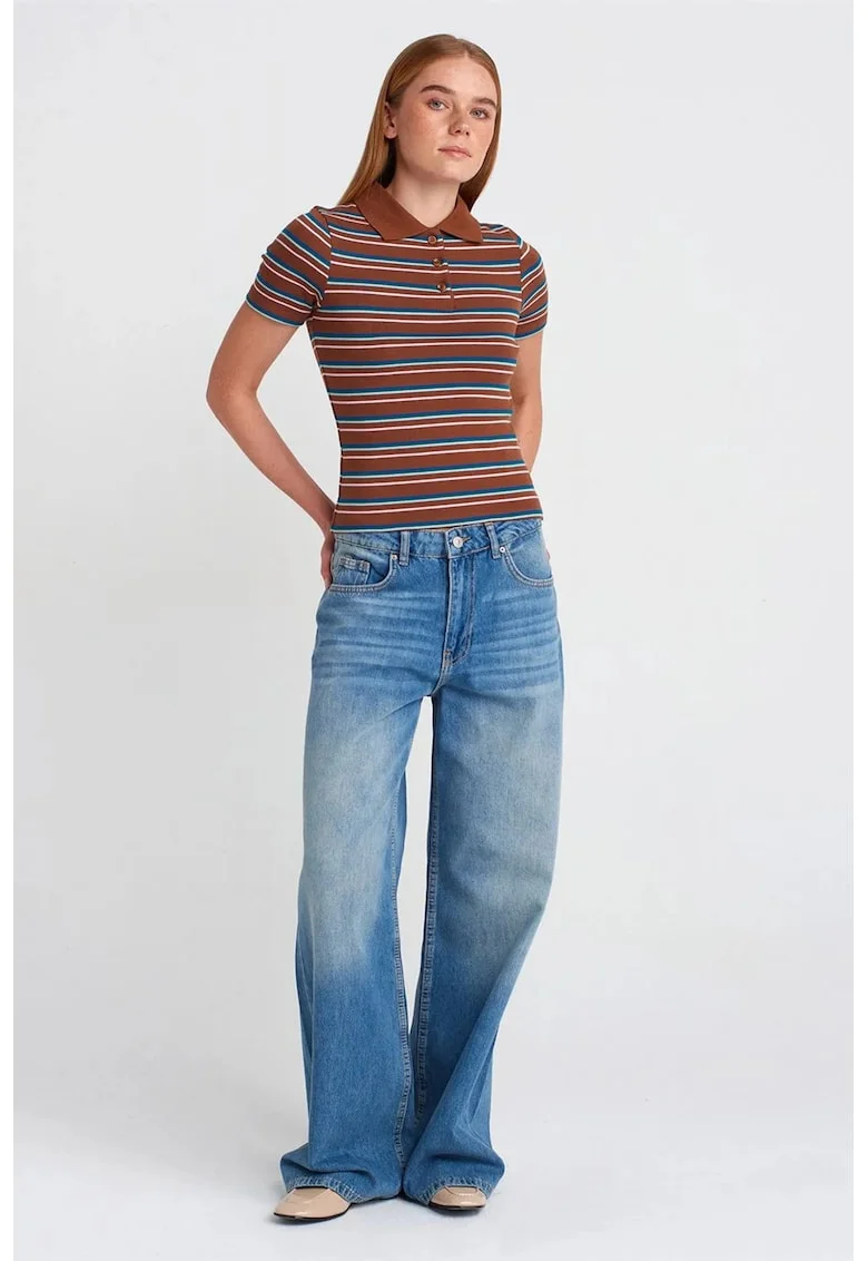 Blugi dama,  talie inalta croiala larga, denim albastru deschis-mediu, 100% bumbac