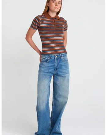 Blugi dama,  talie inalta croiala larga, denim albastru deschis-mediu, 100% bumbac