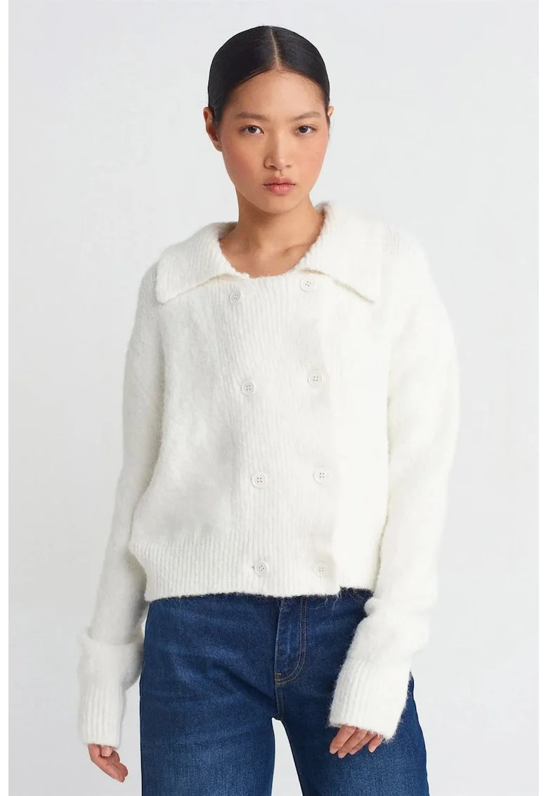 Cardigan,  guler polo, nasturi, alb prafuit, tricot mediu,