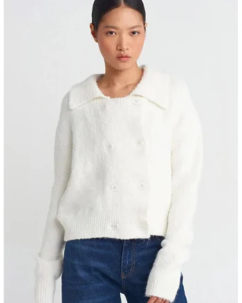 Cardigan,  guler polo, nasturi, alb prafuit, tricot mediu,