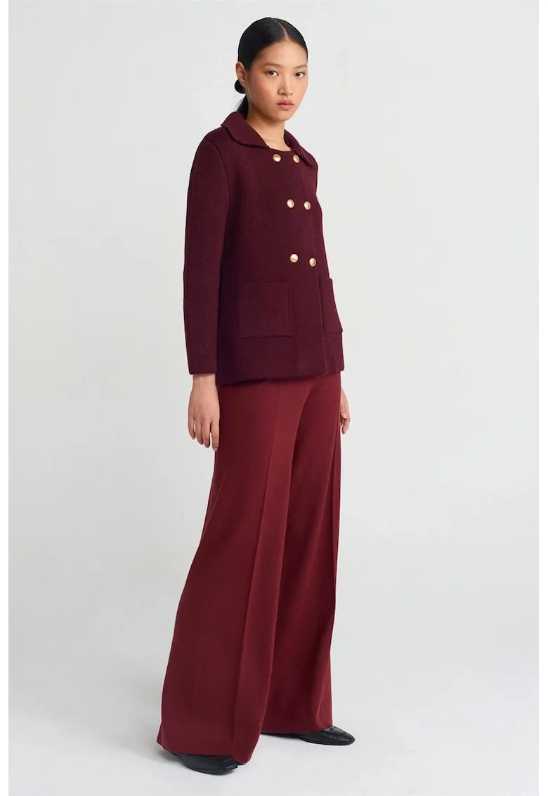 Pantaloni dama,  tricotati, picior larg, elastic, rosu burgundy, fara inchidere,