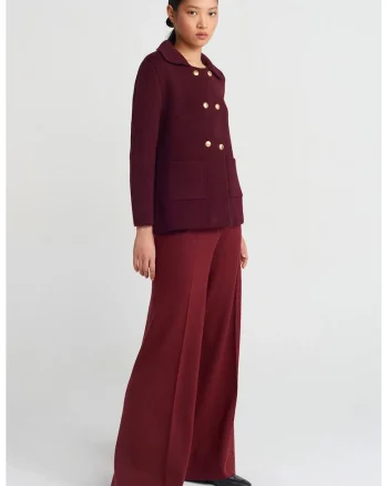 Pantaloni dama,  tricotati, picior larg, elastic, rosu burgundy, fara inchidere,