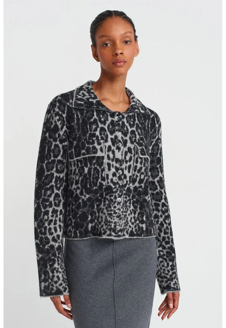 Cardigan,  leopard jacquard, multicolor, tricotat, guler polo, maneci lungi, inchidere cu nasturi,