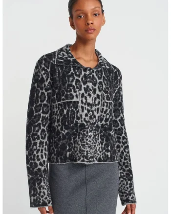 Cardigan,  leopard jacquard, multicolor, tricotat, guler polo, maneci lungi, inchidere cu nasturi,