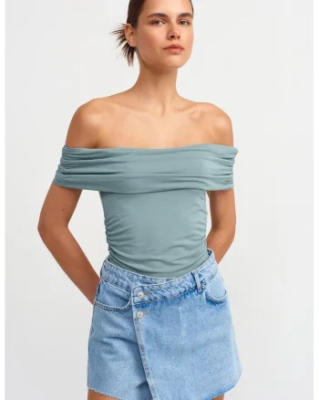 Bluza dama,  bluza slim fit cu umeri goi, elegant, verde salvie, jerseu