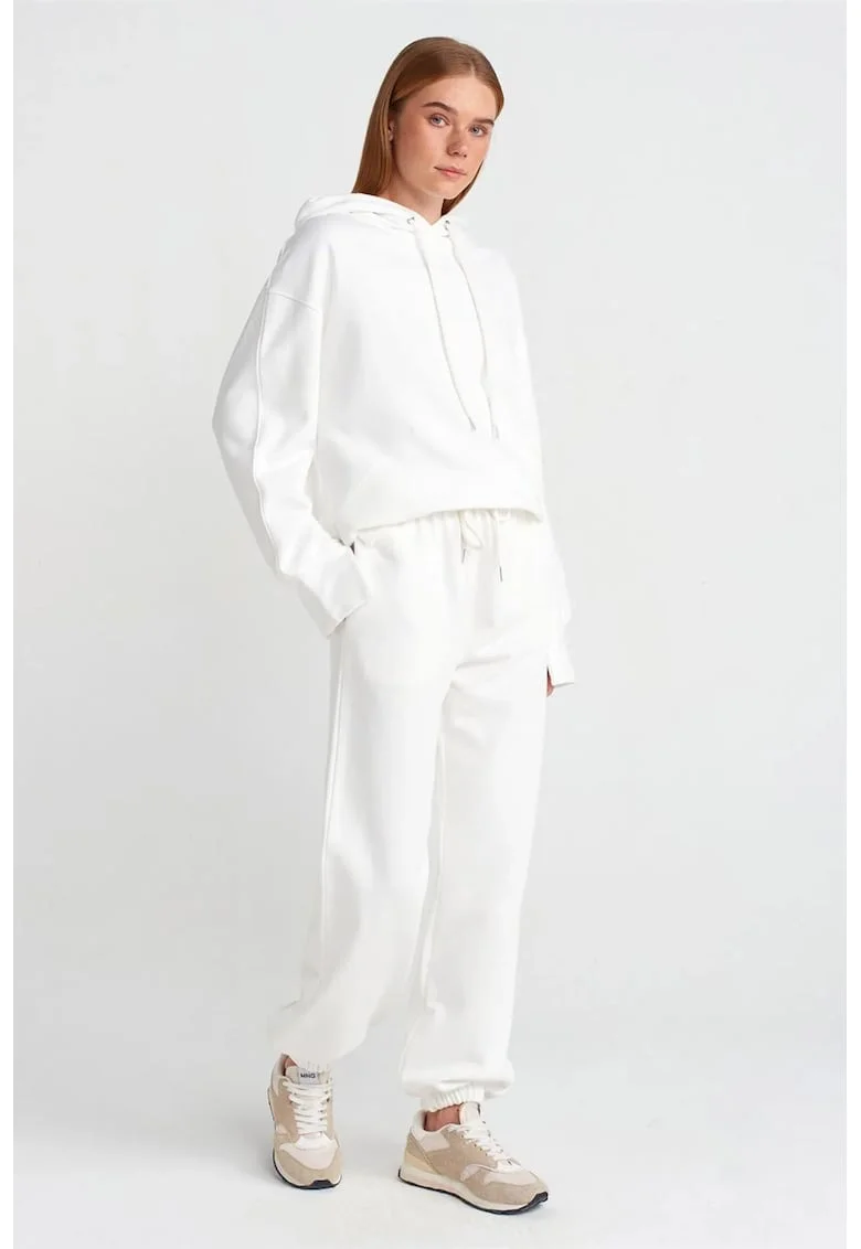 Pantaloni dama,  jogging din fleece, alb, 80% bumbac, 20% poliester