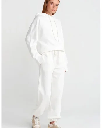 Pantaloni dama,  jogging din fleece, alb, 80% bumbac, 20% poliester