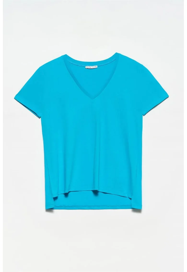Tricou dama  bumbac, decolteu in V, albastru cerulean, maneca scurta,