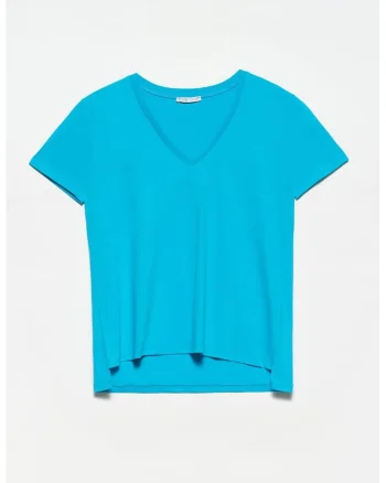 Tricou dama  bumbac, decolteu in V, albastru cerulean, maneca scurta,