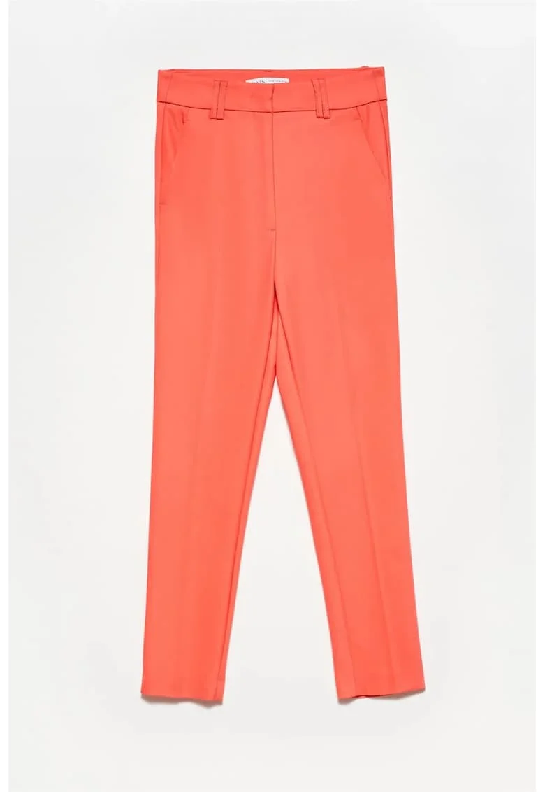 Pantaloni dama,  bumbac, talie inalta, portocaliu pal, casual