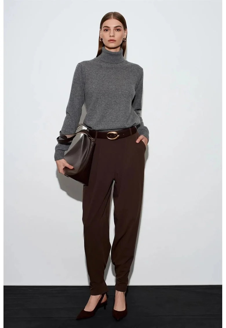 Pantaloni dama  talie inalta, croiala larga, maro cafea, crep