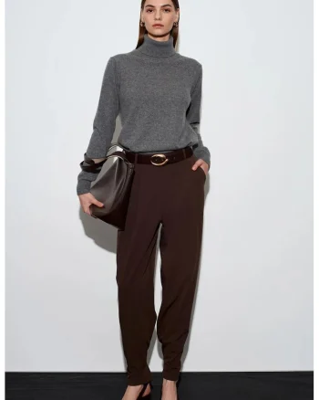 Pantaloni dama  talie inalta, croiala larga, maro cafea, crep