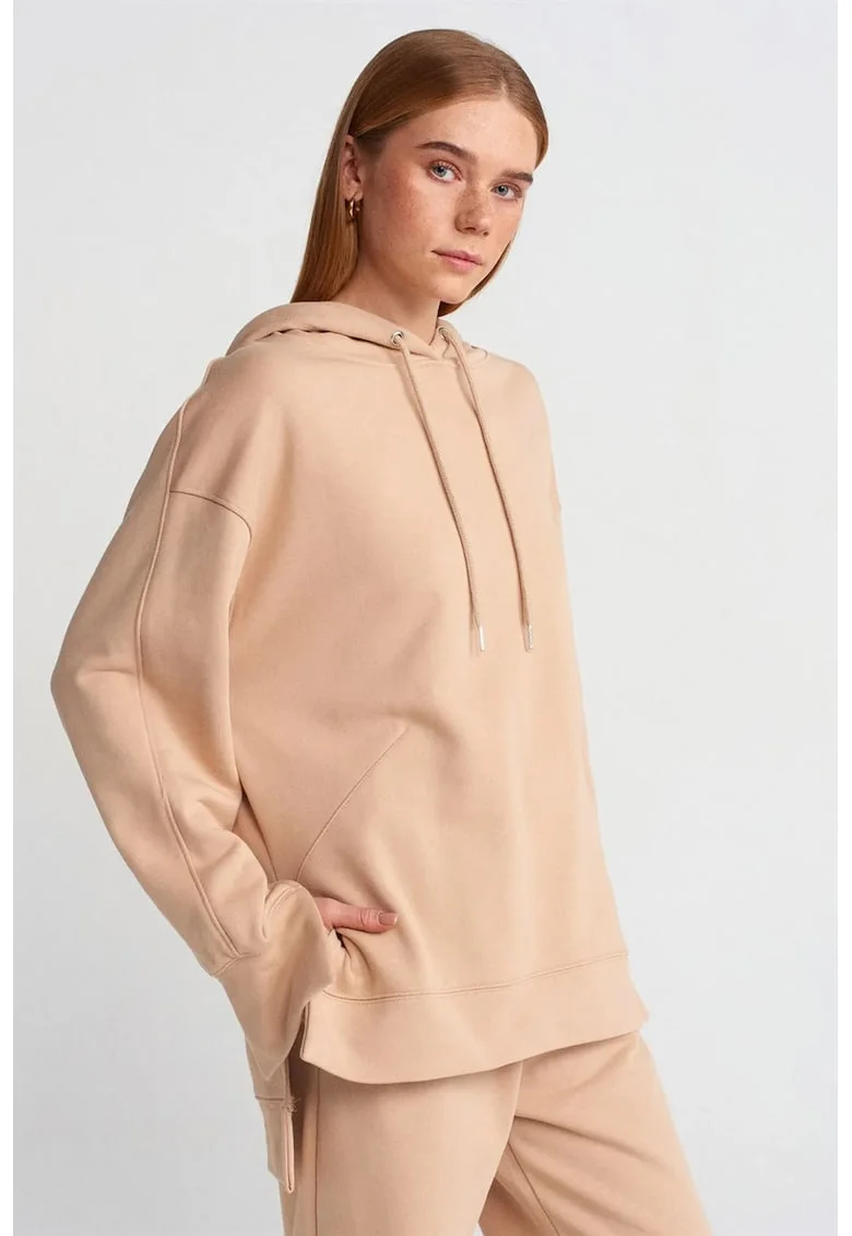 Hanorac dama,  oversized, din bumbac, cu gluga, bej natural