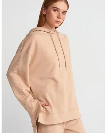 Hanorac dama,  oversized, din bumbac, cu gluga, bej natural