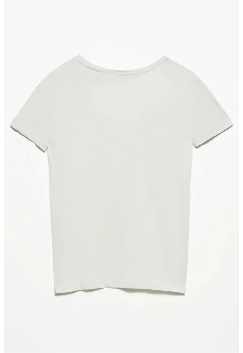 Tricou dama  bumbac, decolteu in V, alb prafuit, maneca scurta