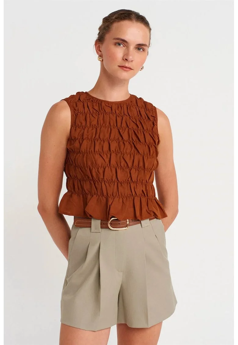Pantaloni scurti,  talie inalta, cu curea, Bej Natural, bumbac, poliester, elastan
