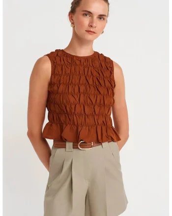 Pantaloni scurti,  talie inalta, cu curea, Bej Natural, bumbac, poliester, elastan