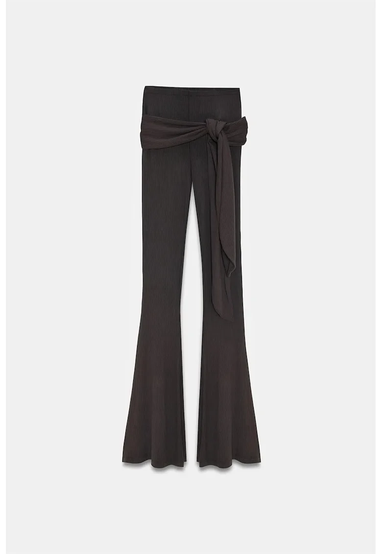 Pantaloni dama,  Flare, talie inalta, detaliu cu snur, maro mocha inchis, jerseu