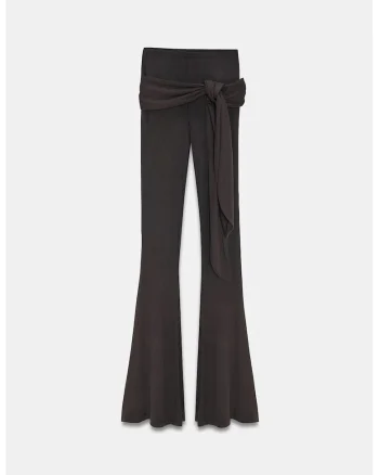Pantaloni dama,  Flare, talie inalta, detaliu cu snur, maro mocha inchis, jerseu