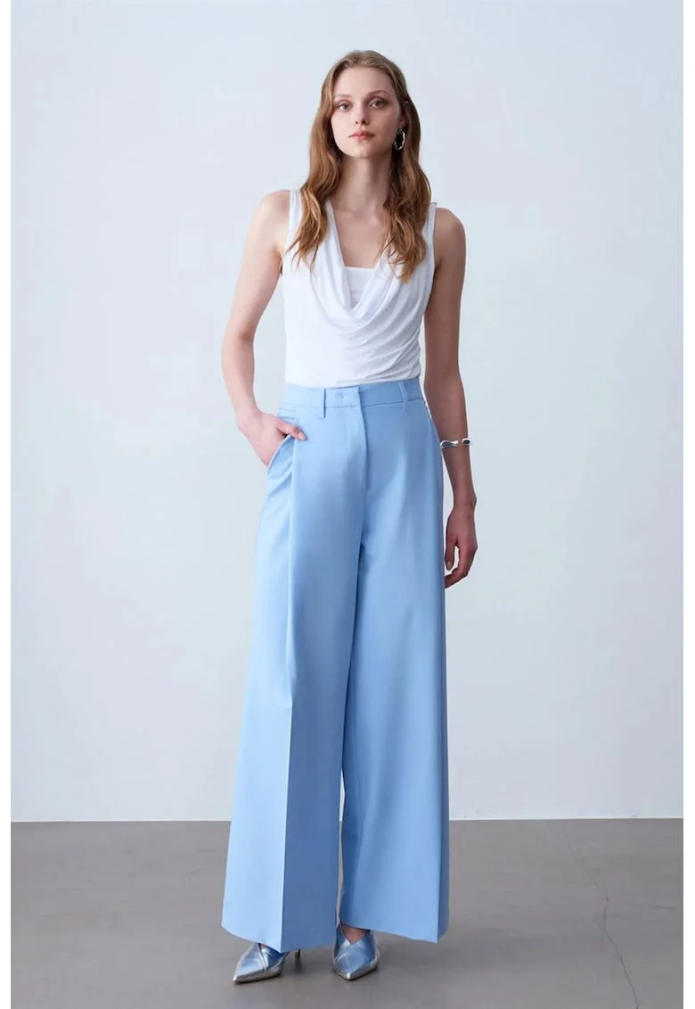 Pantaloni dama,  talie inalta, albastru deschis, crep