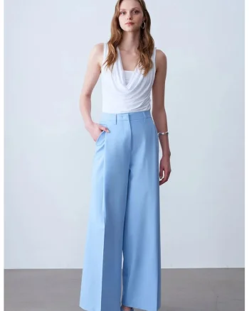 Pantaloni dama,  talie inalta, albastru deschis, crep