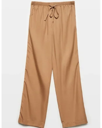 Pantaloni dama,  croiala larga, detalii cu snur, maro camel, 100% Tencel