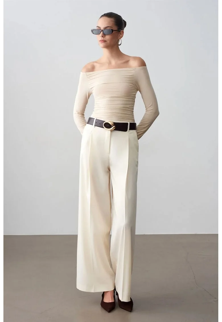 Pantaloni dama,  crepe, talie inalta, crem natural, poliester-viscoza-elastan