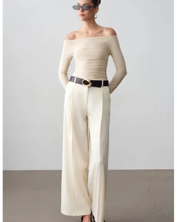 Pantaloni dama,  crepe, talie inalta, crem natural, poliester-viscoza-elastan
