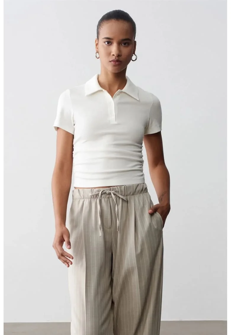 Tricou polo,  slim fit, alb prafuit, bumbac, viscoza, elastan