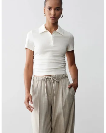Tricou polo,  slim fit, alb prafuit, bumbac, viscoza, elastan