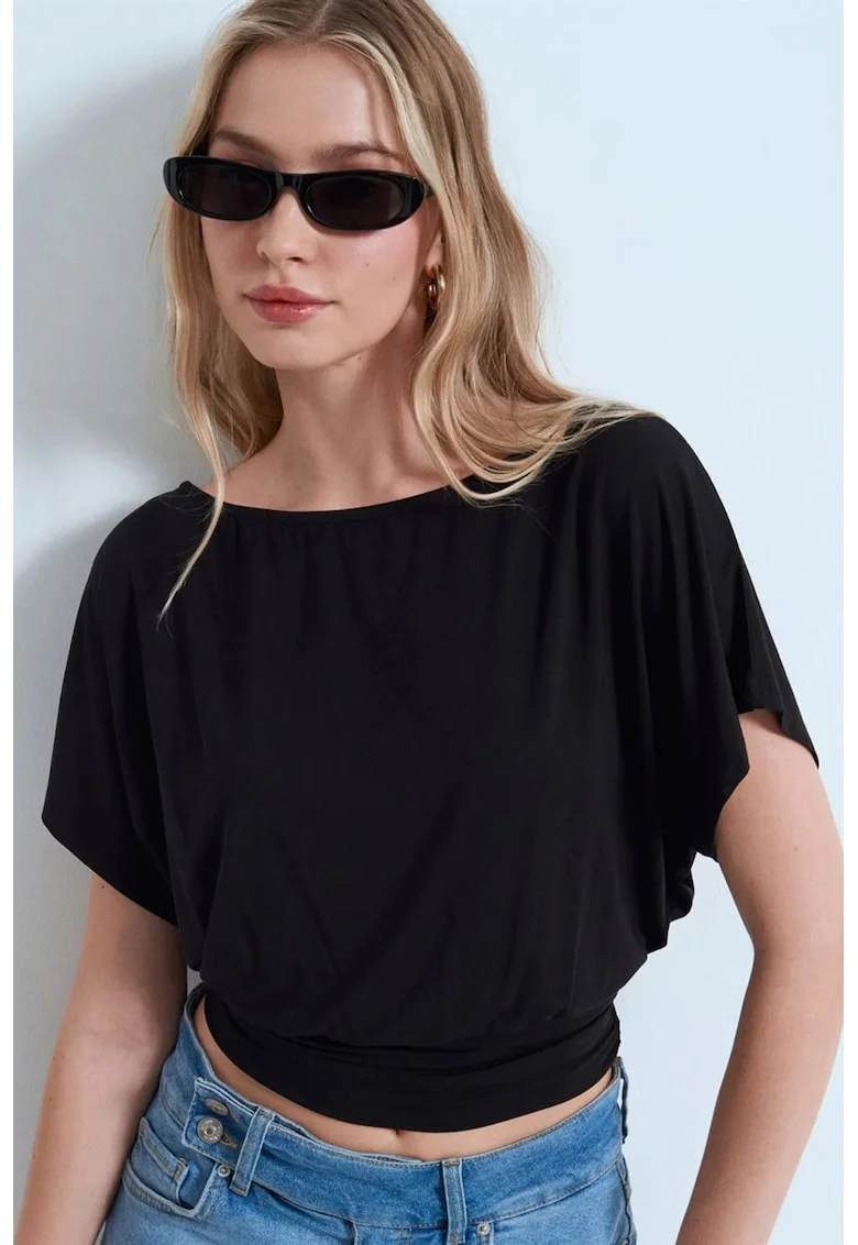 Bluza dama  negru, amestec modal, decupaj, maneca scurta