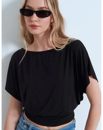 Bluza dama  negru, amestec modal, decupaj, maneca scurta