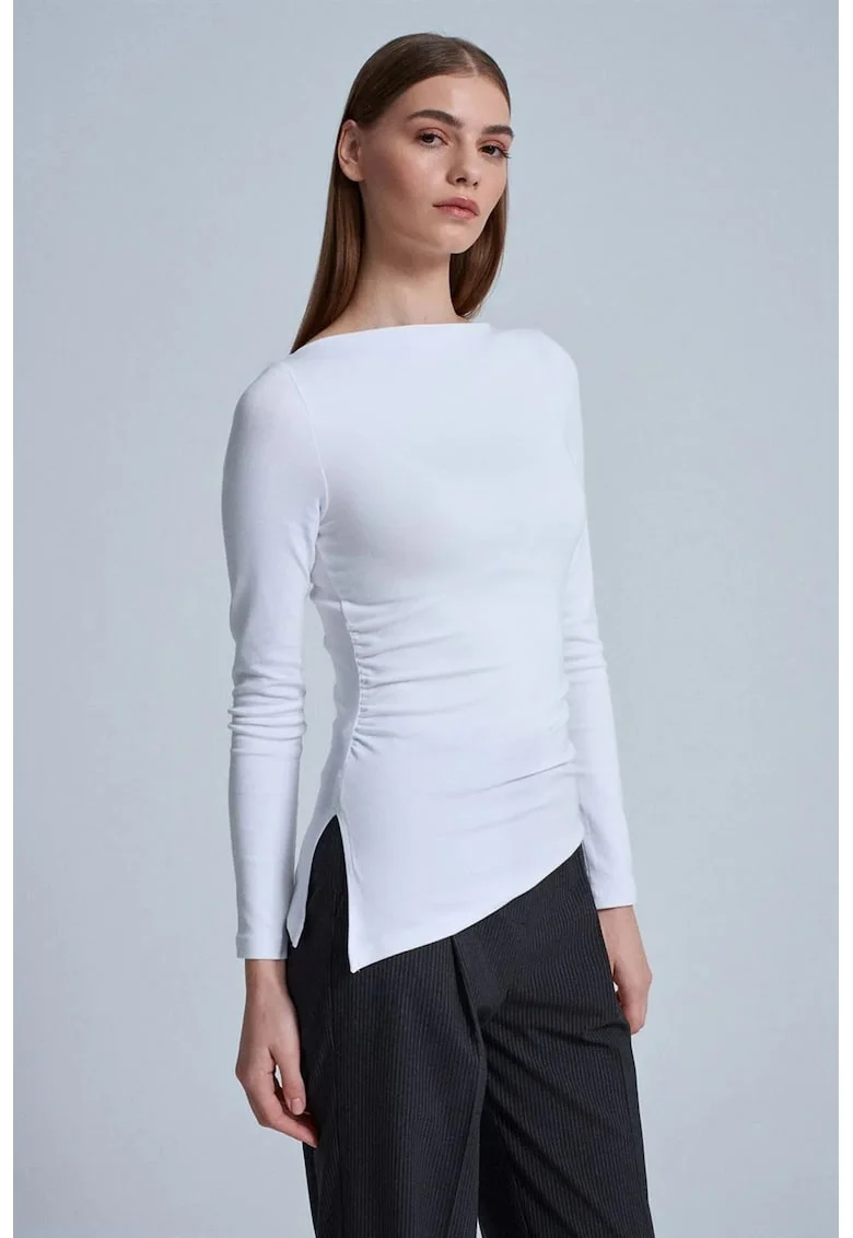 Bluza dama,  slim-fit, maneca lunga, alb, bumbac/modal/elastan