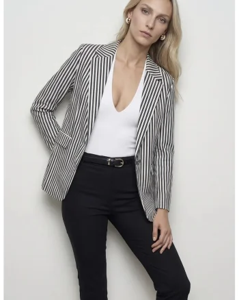 Sacou dama,  din poplin cu dungi, alb / negru, buton, maneca lunga