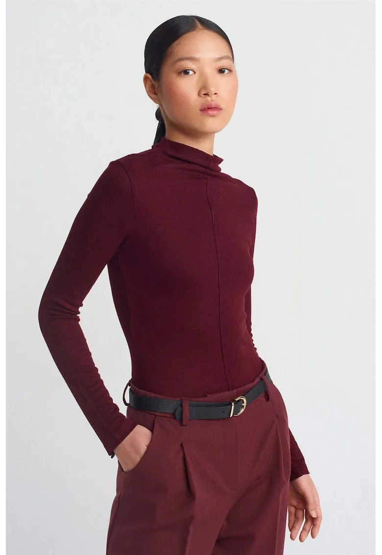 Bluza dama,  cu guler inalt, maneca lunga, rosu burgundy, casual